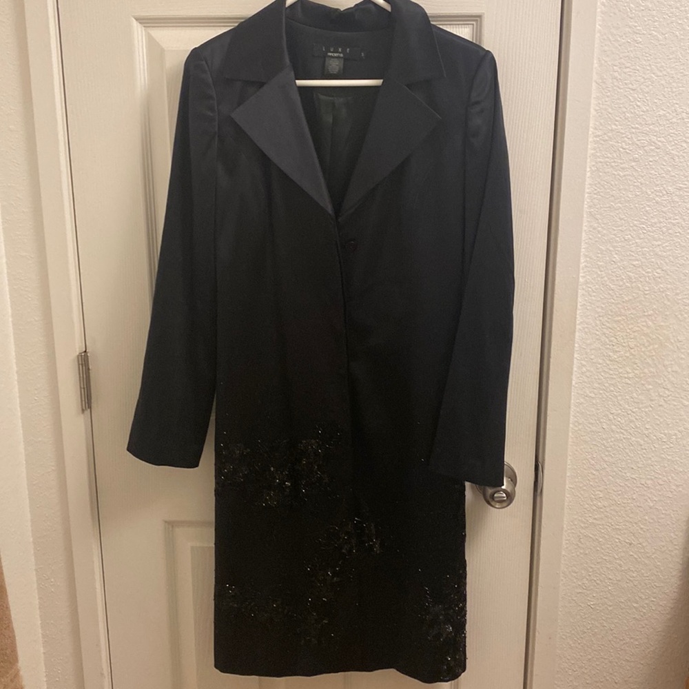 Luxe Arden black silk embroidered coat.